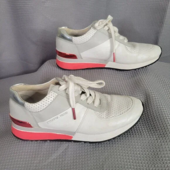 Michael Kors Womens Size 7M Sneakers Allie Perforated Leather Lace-up Gray Red - Picture 3 of 12